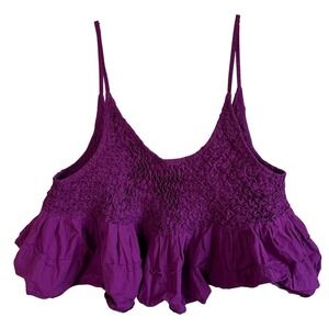 Anthropologie Smocked Swing Tank Top Purple Ruffle Tie Back Sleeveless Womens L
